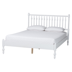 Baxton Studio Callison Spindle Platform Bed - Turned Farmhouse Bed Frame with Spoked Headboard and Sculpted Legs, White, Queen